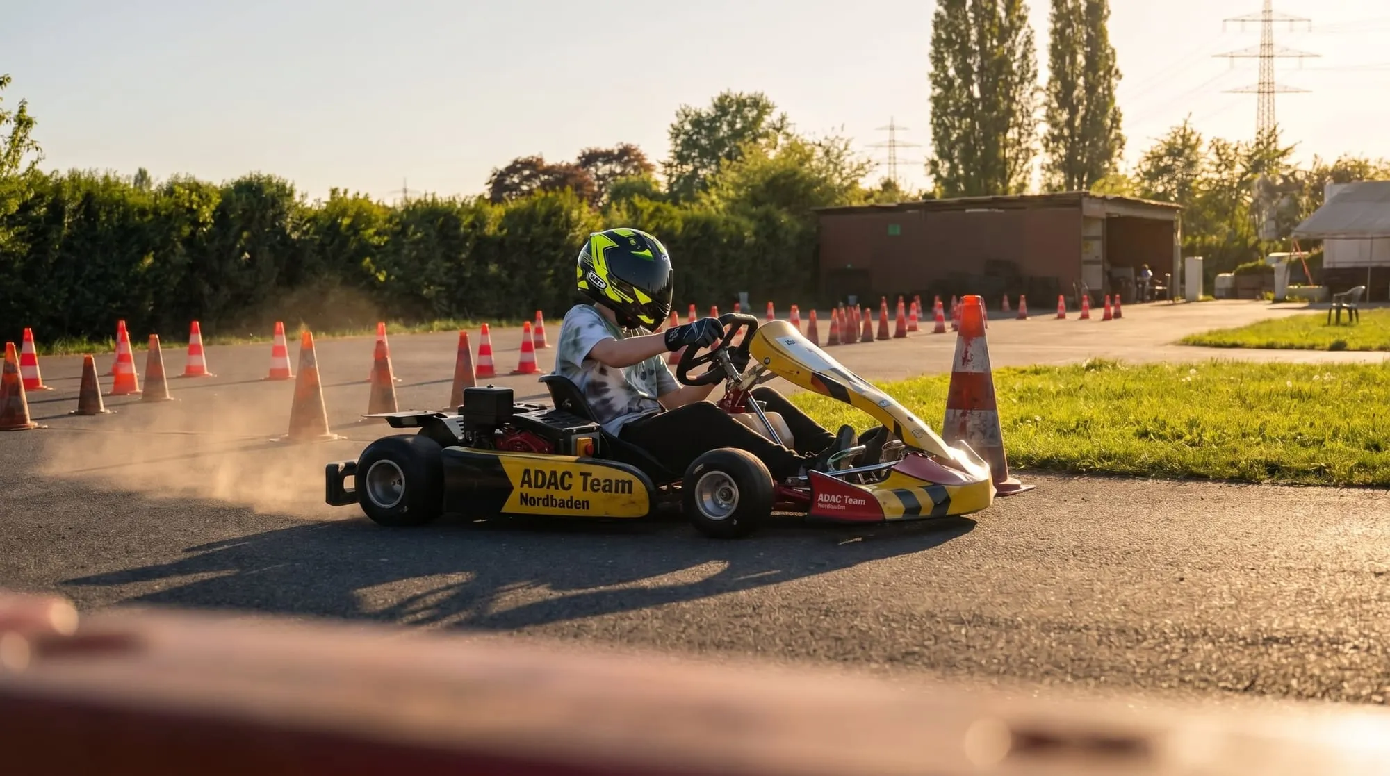 Kart im Gegenlicht auf dem Vereinsplatz, Staub über dem Asphalt
