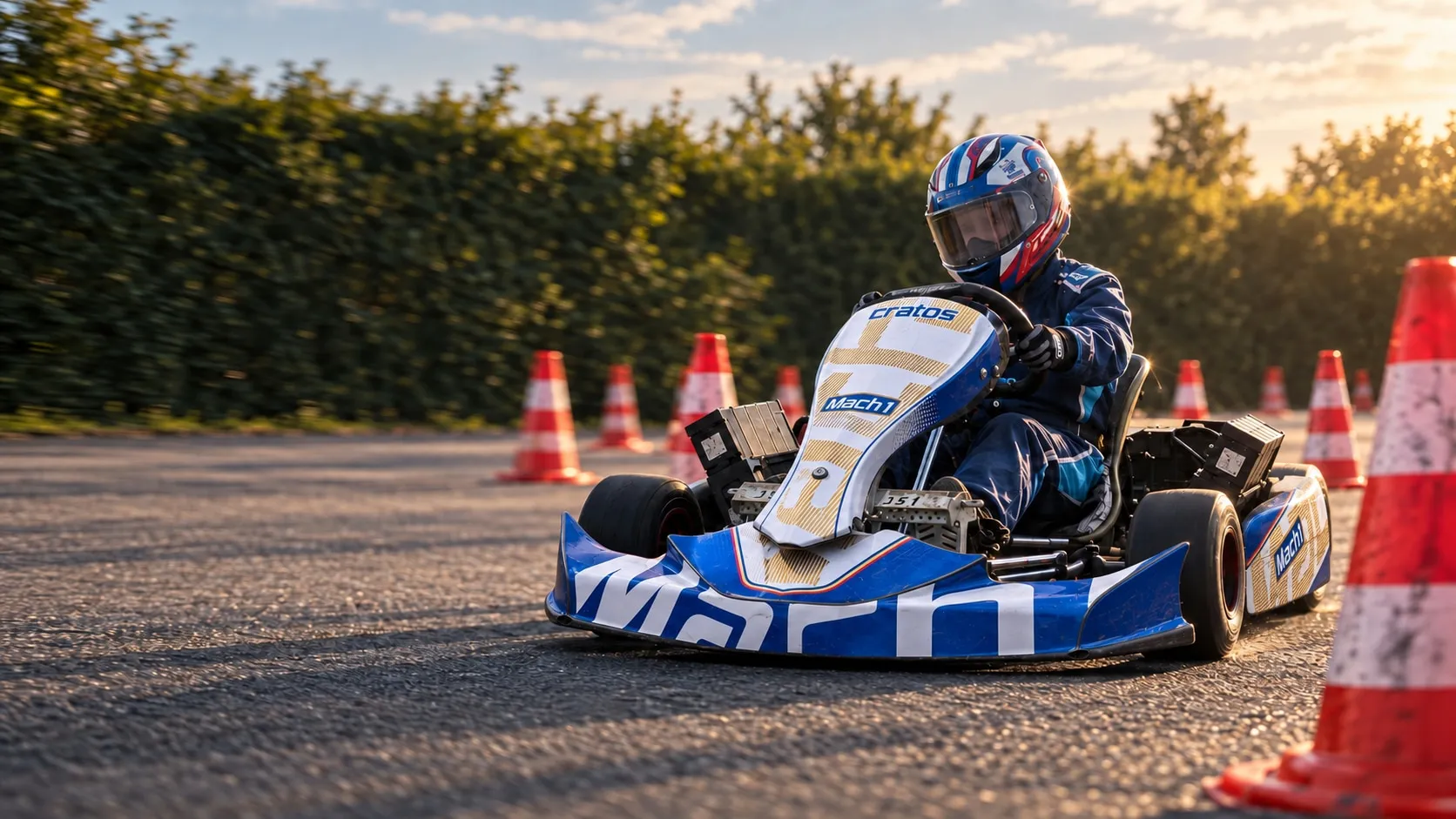 KI-inszeniertes Vereinsmotiv: Nachwuchsfahrer im blau-weiß-goldenen Kart im Slalomparcours.
