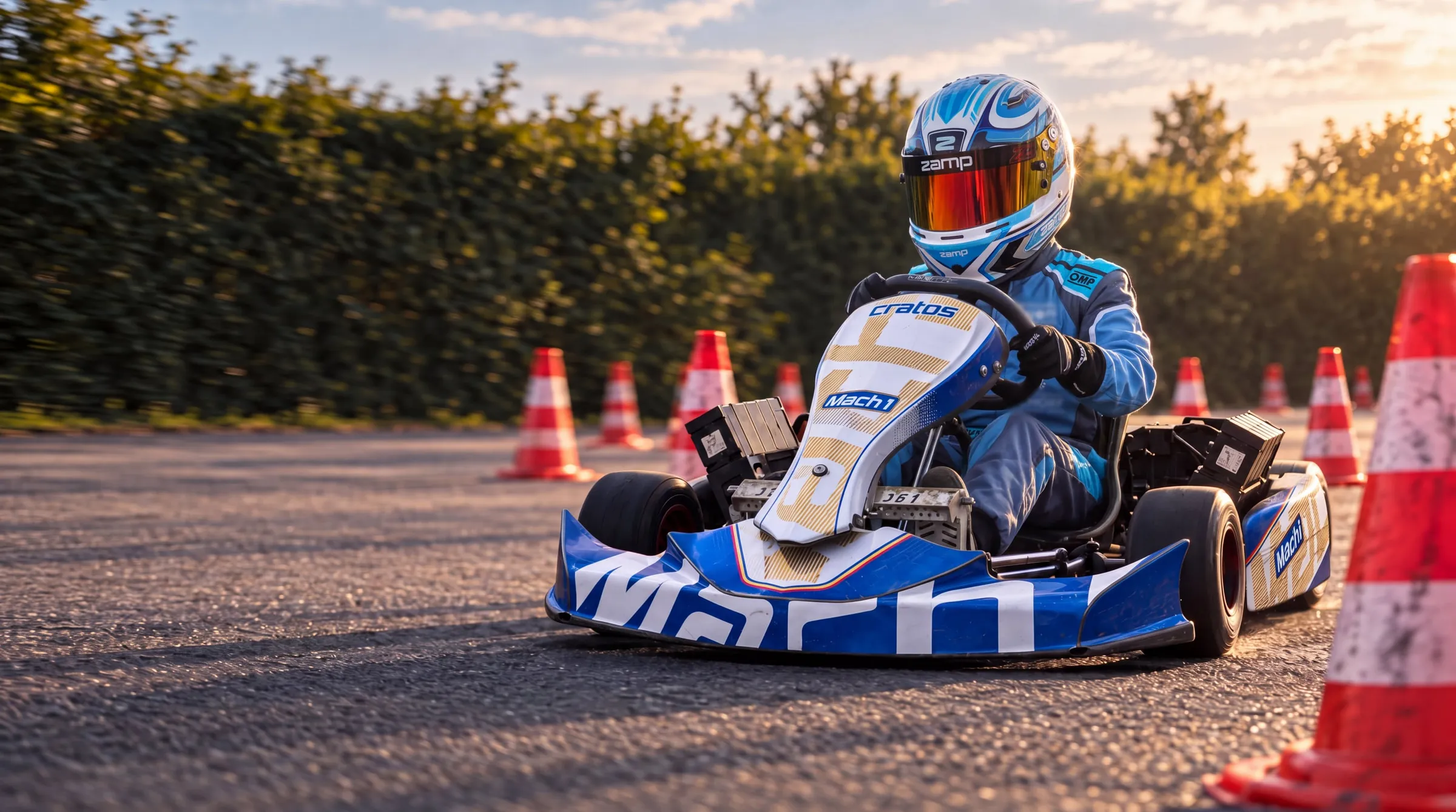 KI-inszeniertes Vereinsmotiv: Nachwuchsfahrer im Vereinsanzug und weiß-blauen Helm im blau-weiß-goldenen Kart im Slalomparcours.