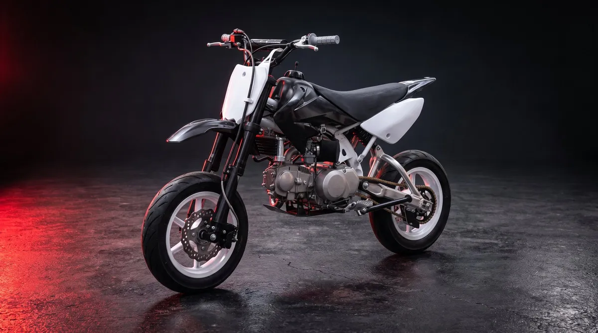 KI-inszeniertes Studiomotiv eines Pitbikes mit weißen Verkleidungsteilen auf dunklem Boden