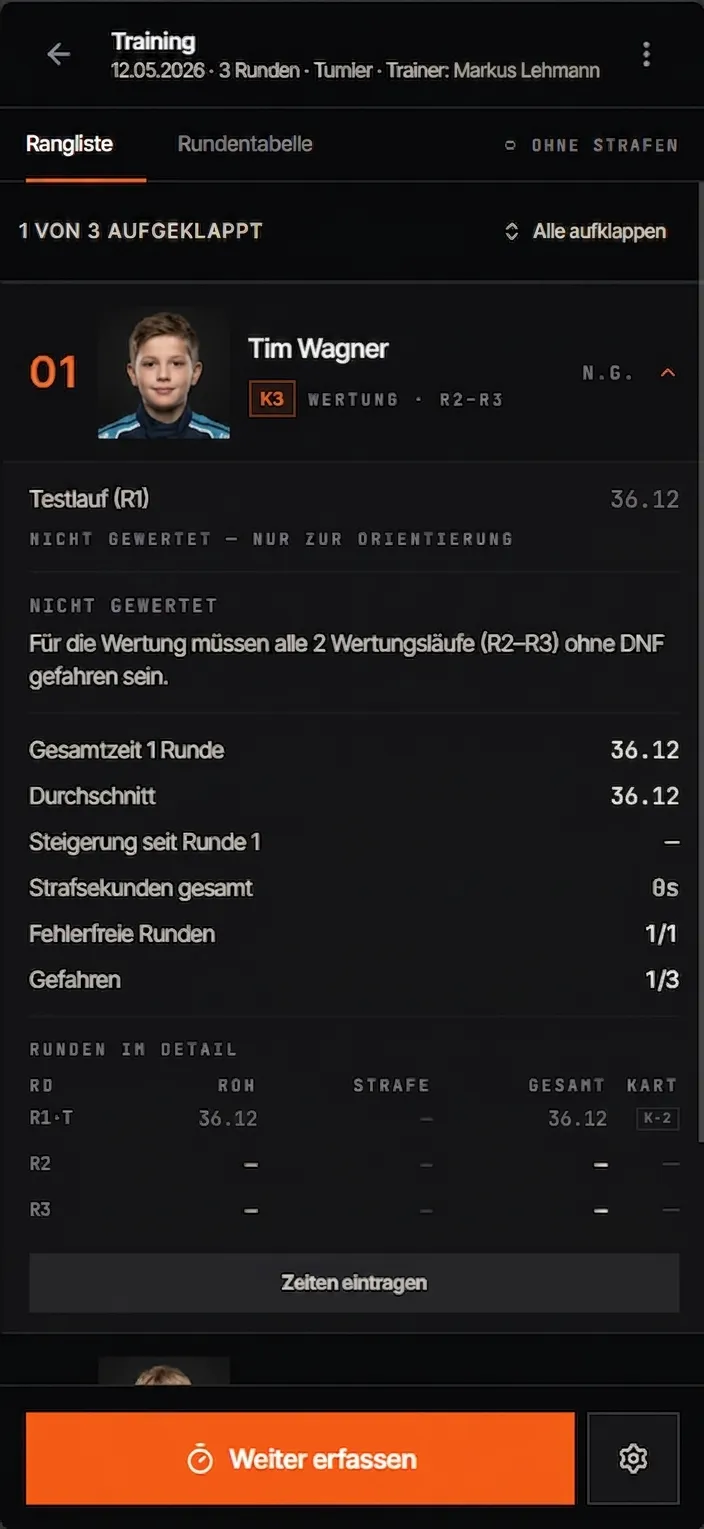HOTLAP: Rangliste mit persönlicher Statistik eines Fahrers