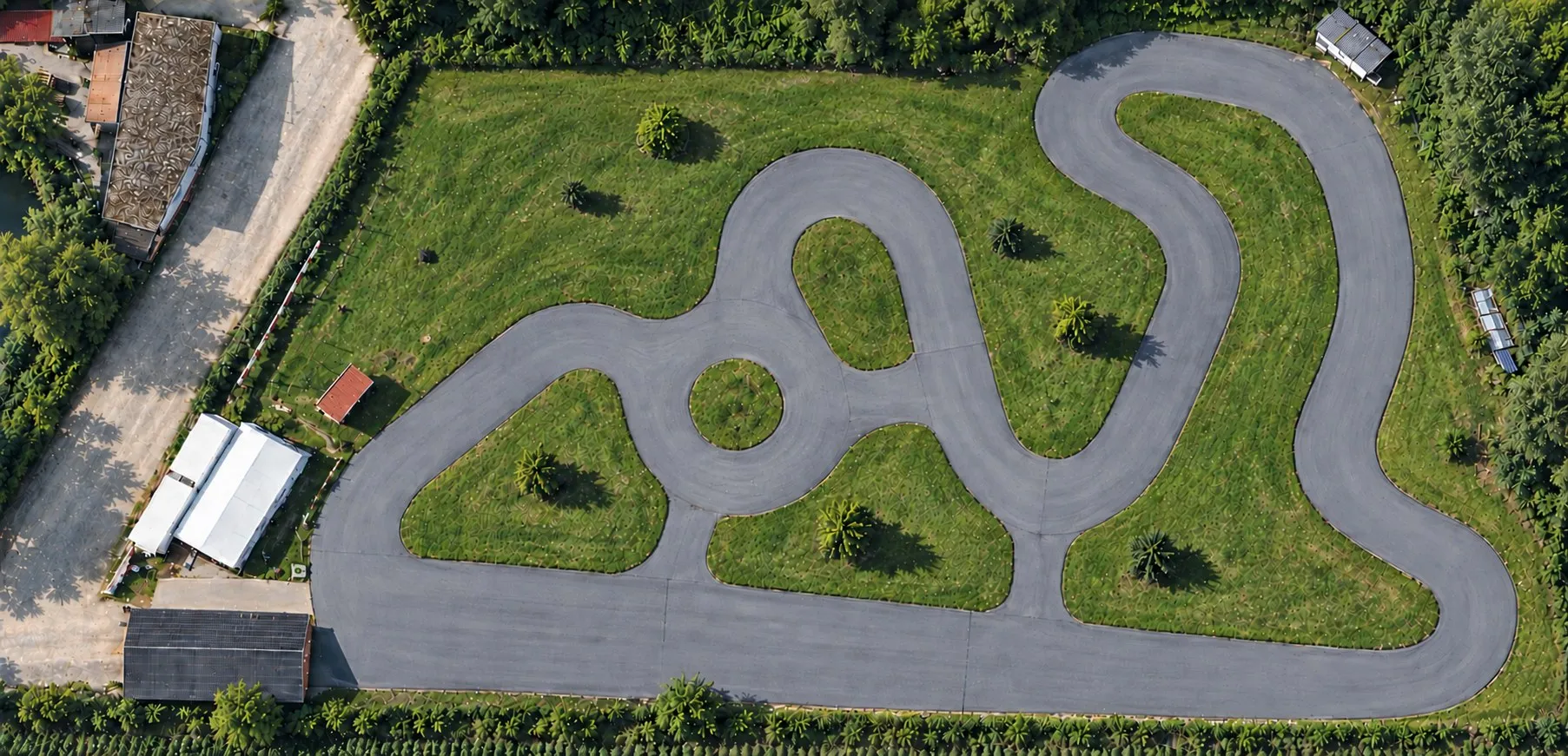 Vereinsplatz an der Engesserstraße aus der Vogelperspektive mit Asphaltkurs, Grüninseln und Vereinsgebäuden
