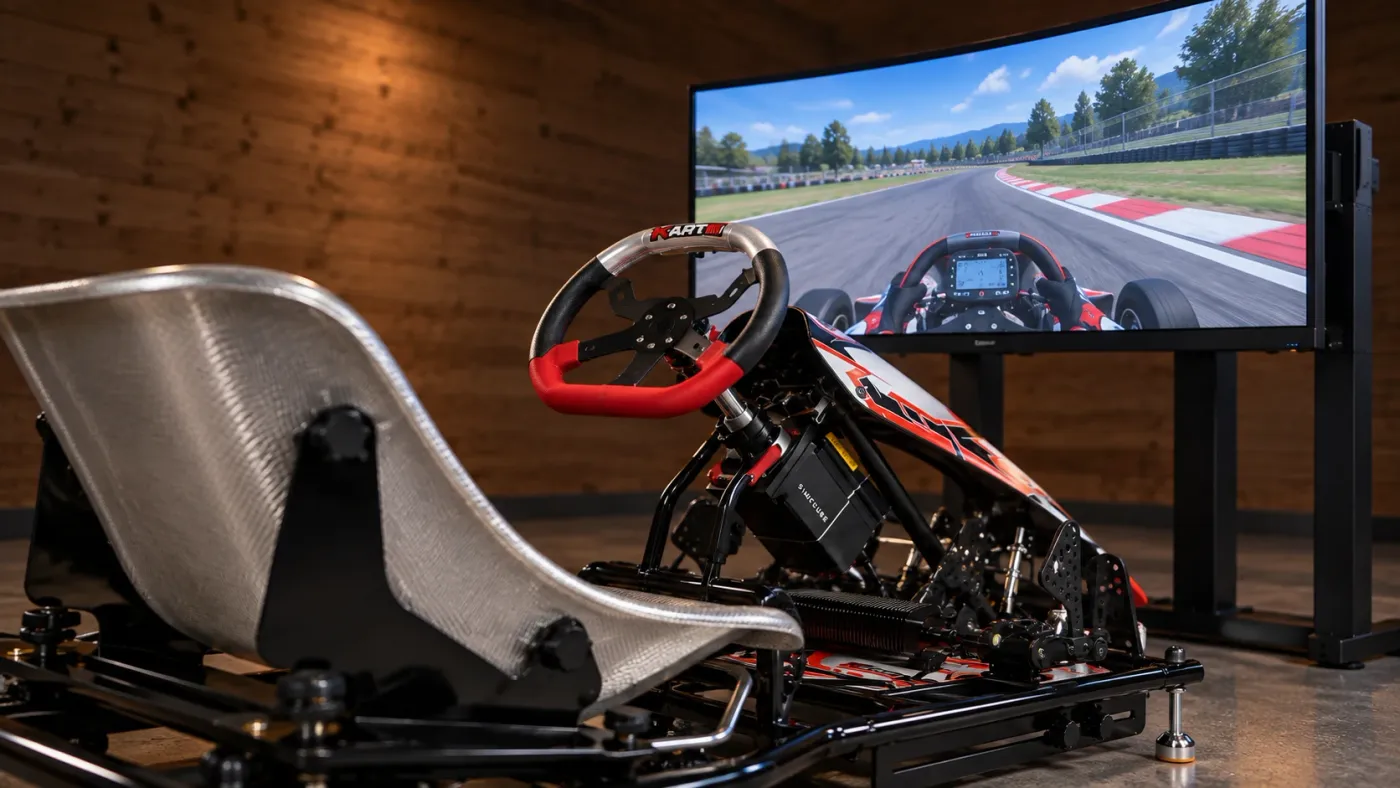 KI-Visualisierung eines unbesetzten Kart-Simulators, nah von schräg hinten: niedriger Kartsitz, Kartlenkrad und Pedale vor einem großen Monitor, Holzwand dezent im Hintergrund.