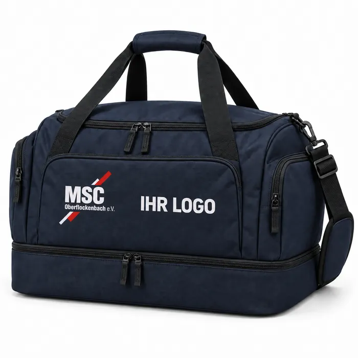 KI-Entwurf einer marineblauen Sporttasche mit MSC-Signet und der Musteraufschrift dein Logo.