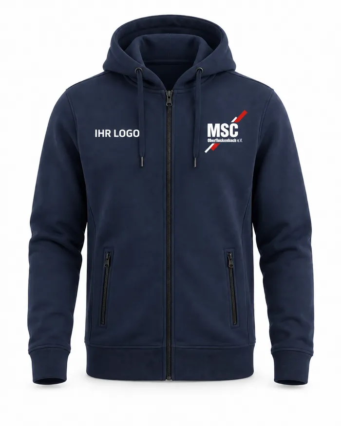 KI-Entwurf eines marineblauen Hoodies mit Reißverschluss, MSC-Signet und Musterlogo auf der Brust.